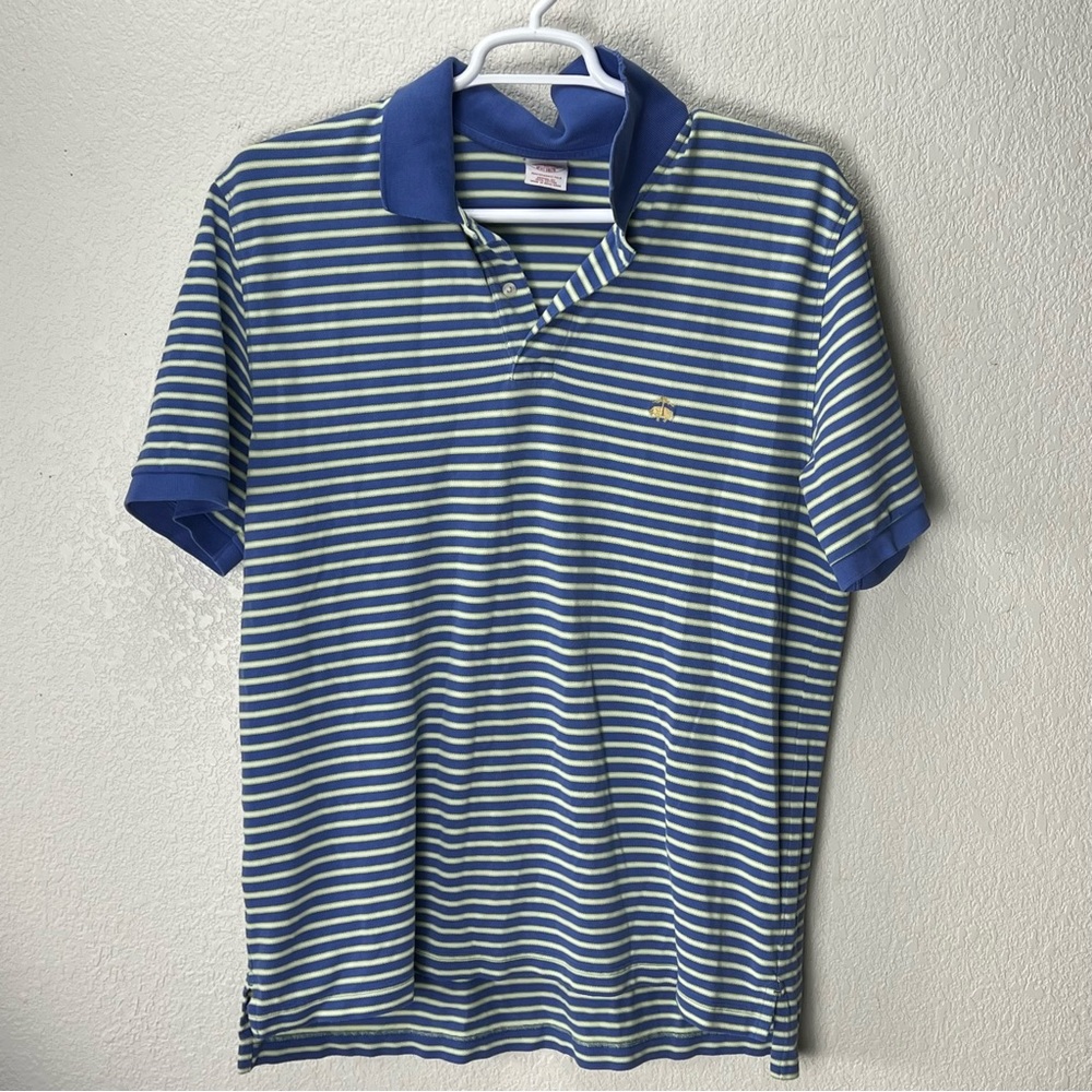 Brooks Brothers Polo Shirt Men XL Blue White Yellow Stripe Cotton Hong Kong VTG